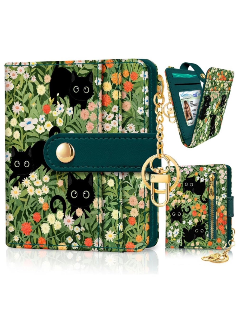 Green Floral Cat Print Card Wallet with Keyring